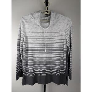 T by Talbots Drawstring Cowlneck Gray Ombré Stripe Top